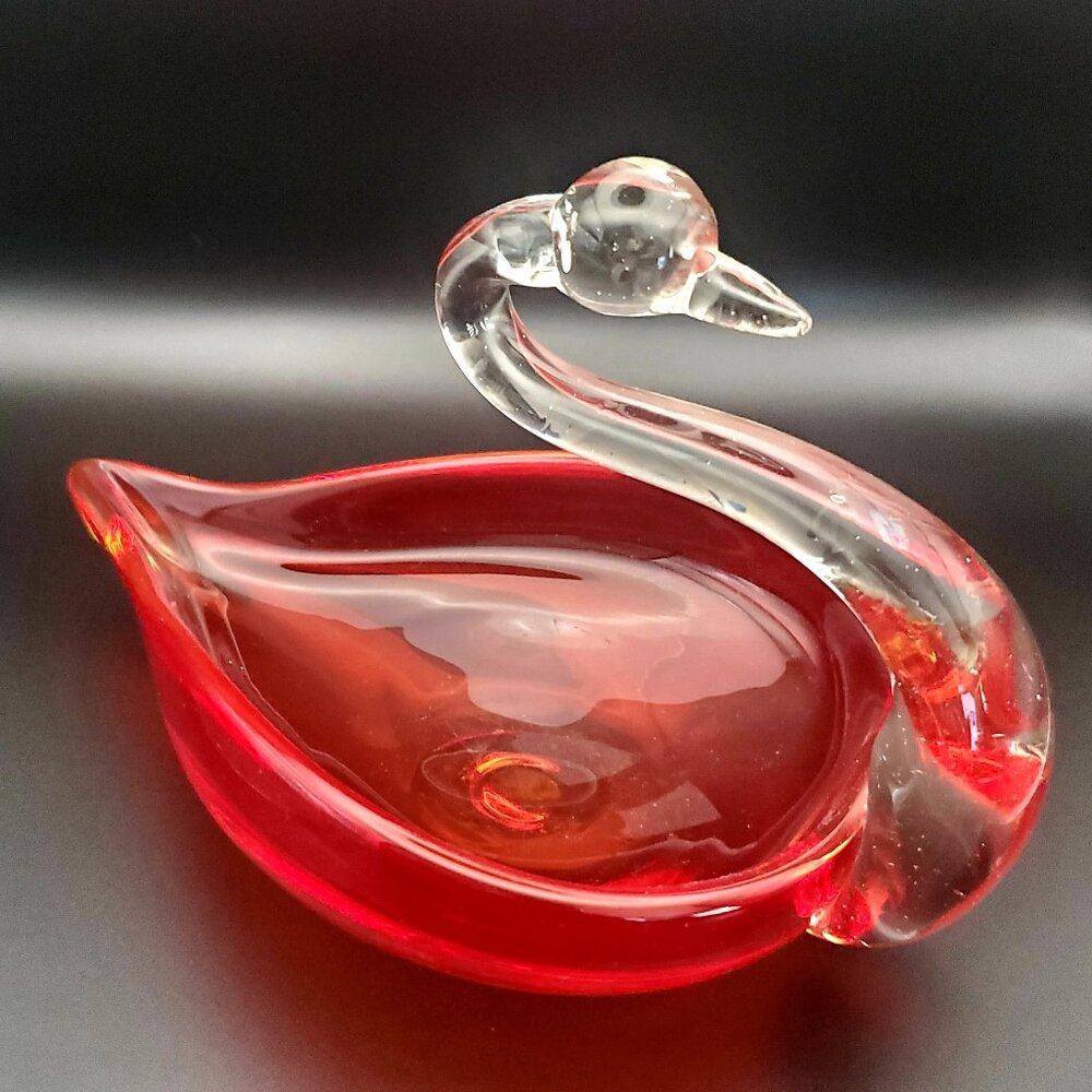 Elegant Murano Style Red Glass Swan Trinket Dish Decor Collectible Vtg Handblown